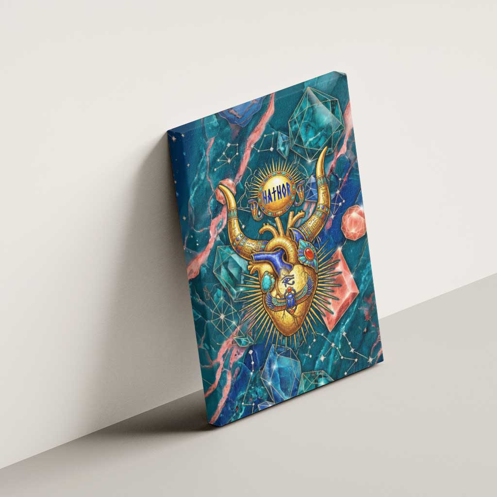 Hathor Golden Sacred Heart Egyptian Canvas Wall Art with Gemstone Pattern in Turquoise Theme