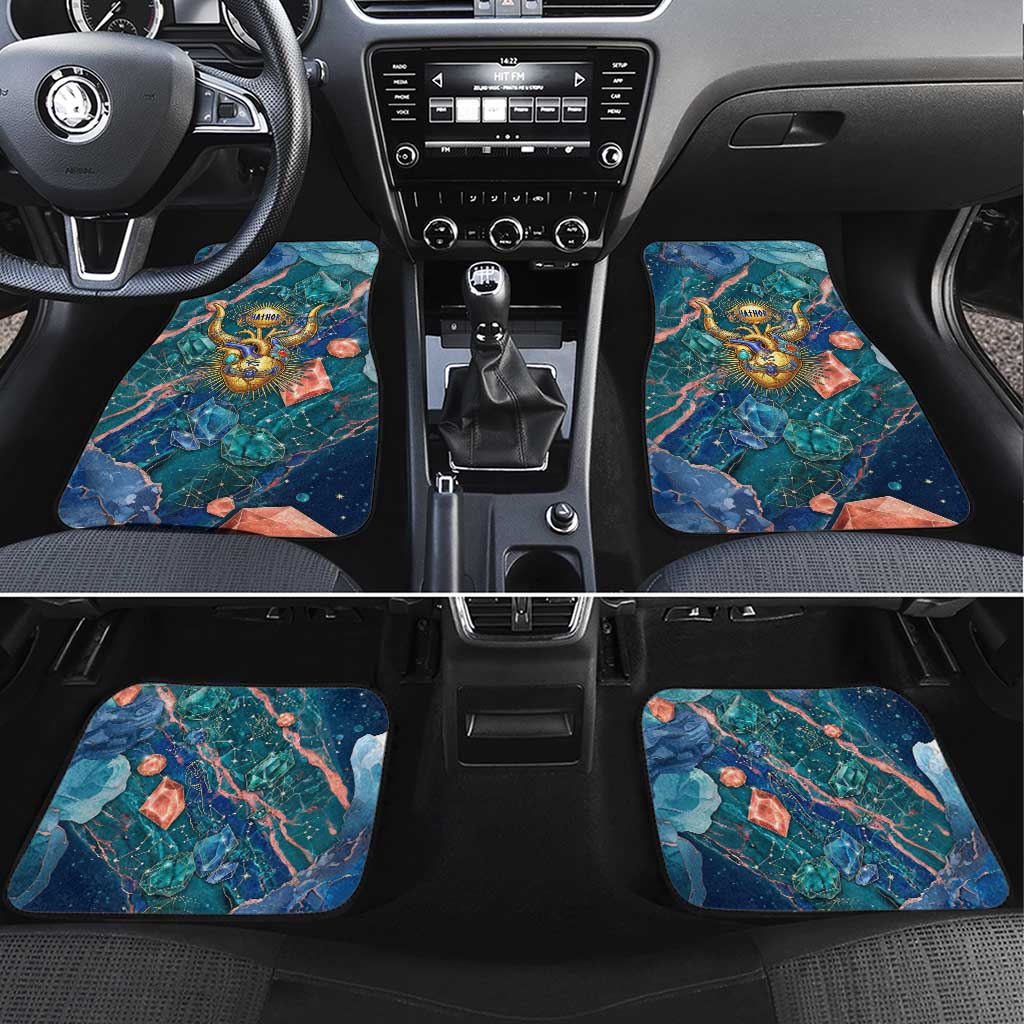 Hathor Golden Sacred Heart Egyptian Car Mats with Gemstone Pattern in Turquoise Theme