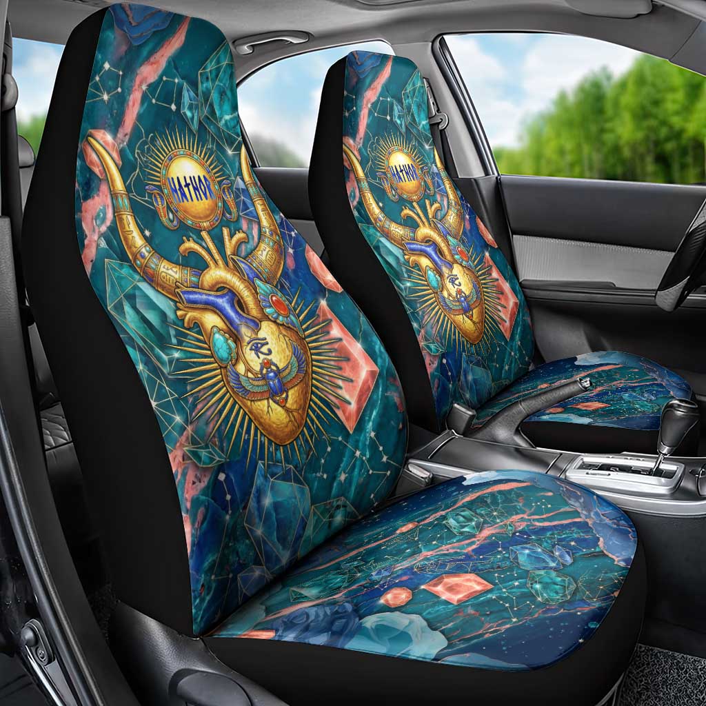 Hathor Golden Sacred Heart Egyptian Car Seat Cover with Gemstone Pattern in Turquoise Theme