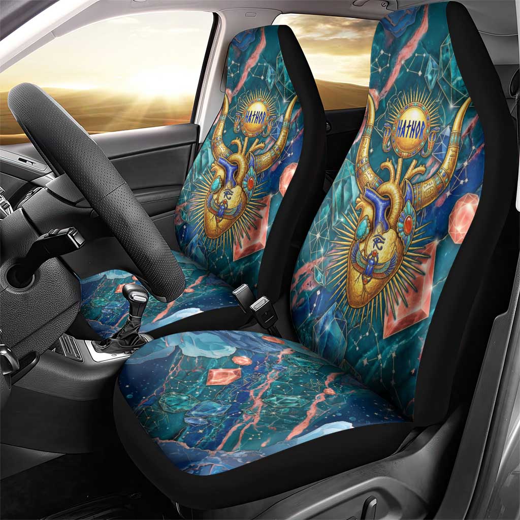 Hathor Golden Sacred Heart Egyptian Car Seat Cover with Gemstone Pattern in Turquoise Theme