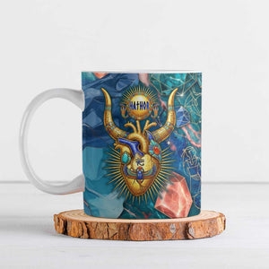 Hathor Golden Sacred Heart Egyptian Ceramic Mug with Gemstone Pattern in Turquoise Theme