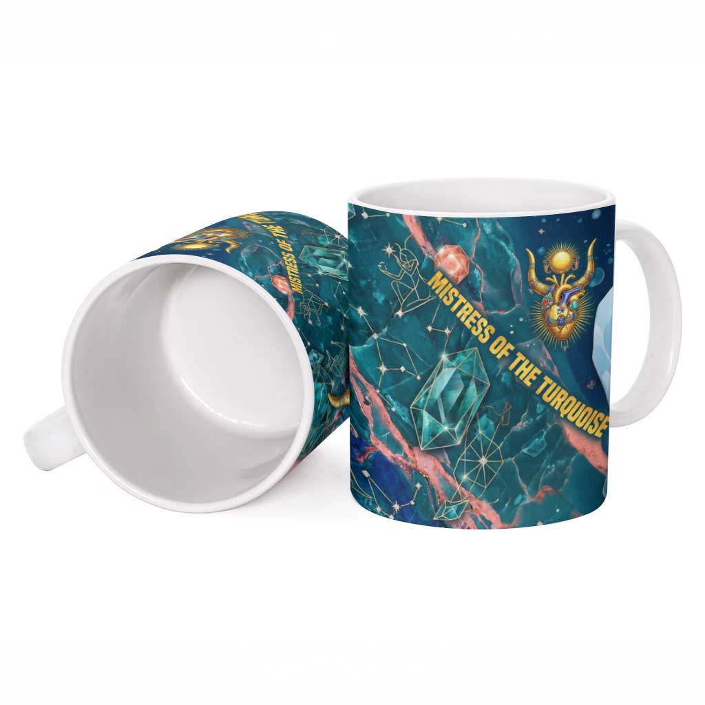 Hathor Golden Sacred Heart Egyptian Ceramic Mug with Gemstone Pattern in Turquoise Theme