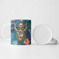 Hathor Golden Sacred Heart Egyptian Ceramic Mug with Gemstone Pattern in Turquoise Theme