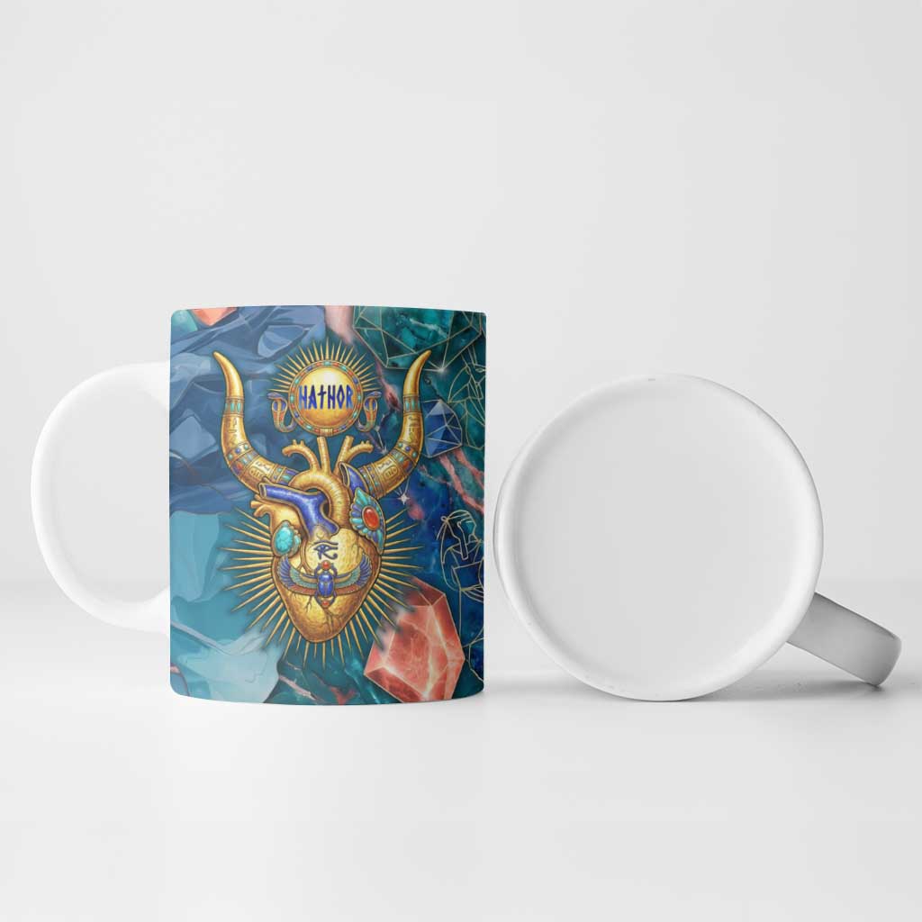 Hathor Golden Sacred Heart Egyptian Ceramic Mug with Gemstone Pattern in Turquoise Theme