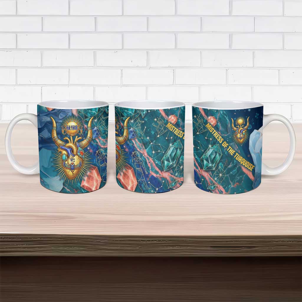 Hathor Golden Sacred Heart Egyptian Ceramic Mug with Gemstone Pattern in Turquoise Theme
