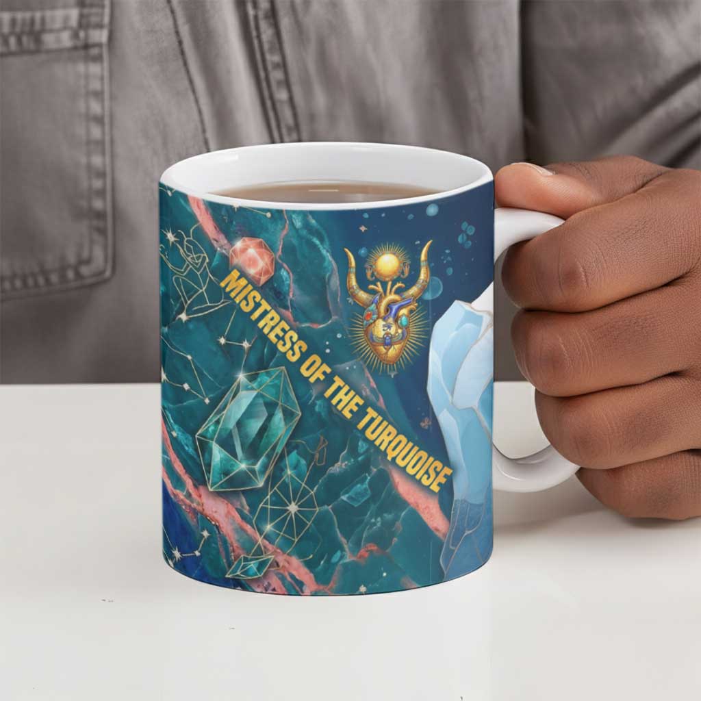 Hathor Golden Sacred Heart Egyptian Ceramic Mug with Gemstone Pattern in Turquoise Theme