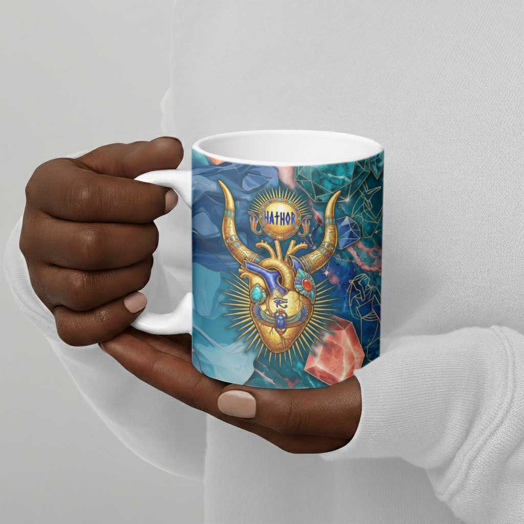 Hathor Golden Sacred Heart Egyptian Ceramic Mug with Gemstone Pattern in Turquoise Theme
