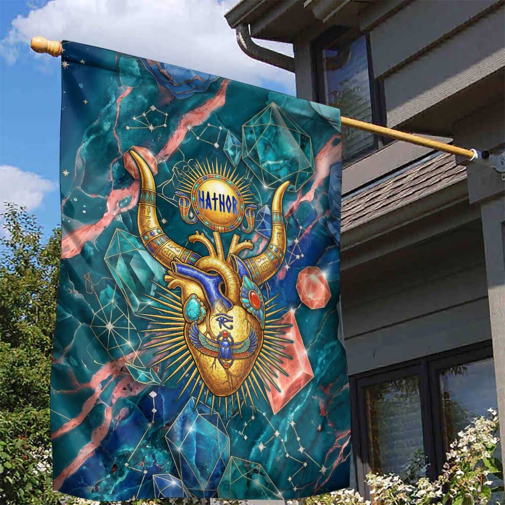 Hathor Golden Sacred Heart Egyptian Garden Flag with Gemstone Pattern in Turquoise Theme