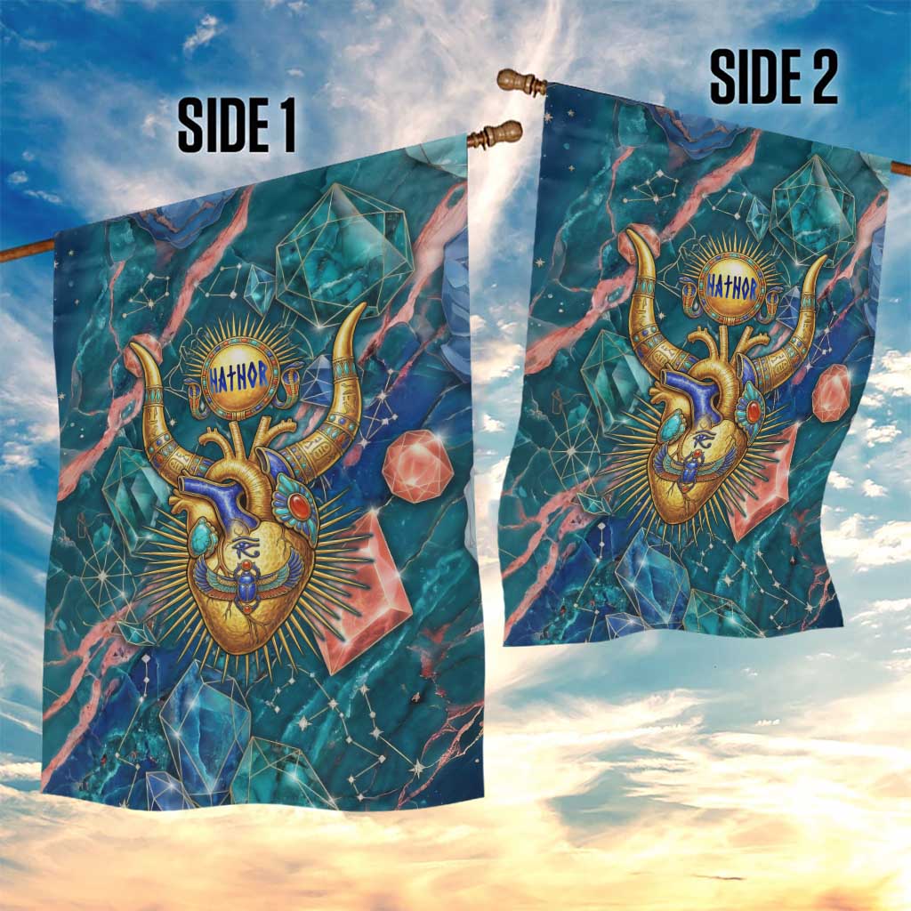 Hathor Golden Sacred Heart Egyptian Garden Flag with Gemstone Pattern in Turquoise Theme