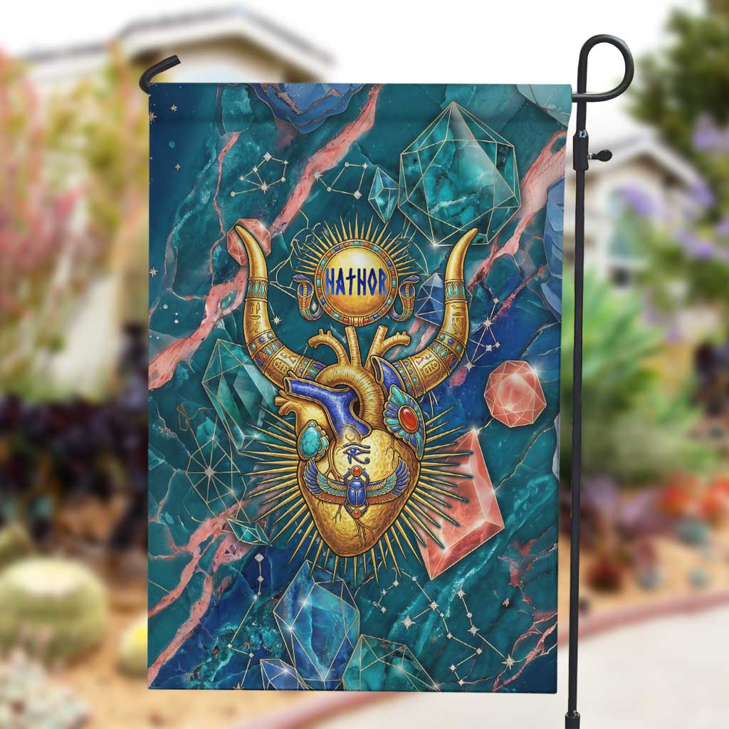 Hathor Golden Sacred Heart Egyptian Garden Flag with Gemstone Pattern in Turquoise Theme