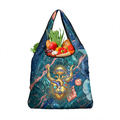 Hathor Golden Sacred Heart Egyptian Grocery Bag with Gemstone Pattern in Turquoise Theme