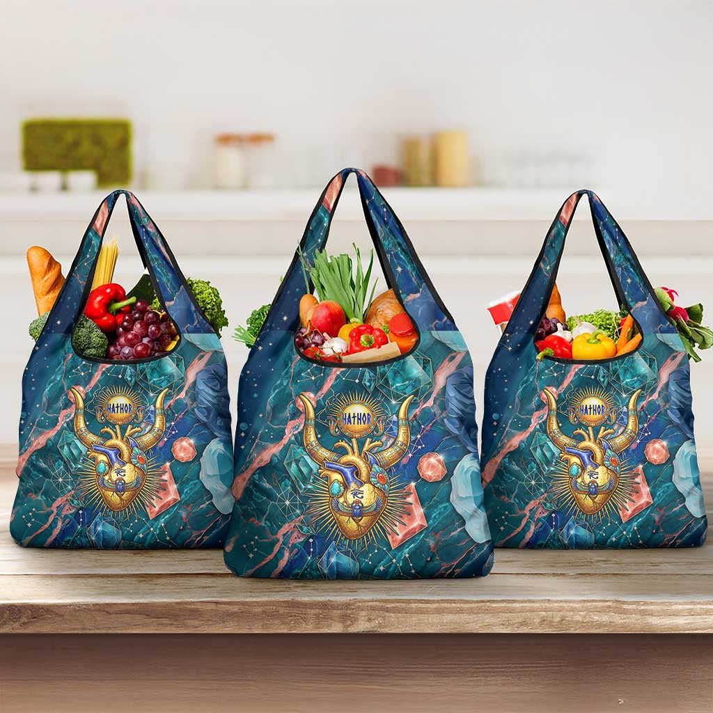 Hathor Golden Sacred Heart Egyptian Grocery Bag with Gemstone Pattern in Turquoise Theme