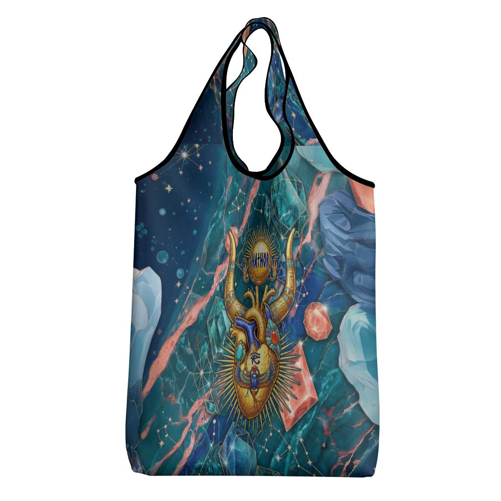Hathor Golden Sacred Heart Egyptian Grocery Bag with Gemstone Pattern in Turquoise Theme