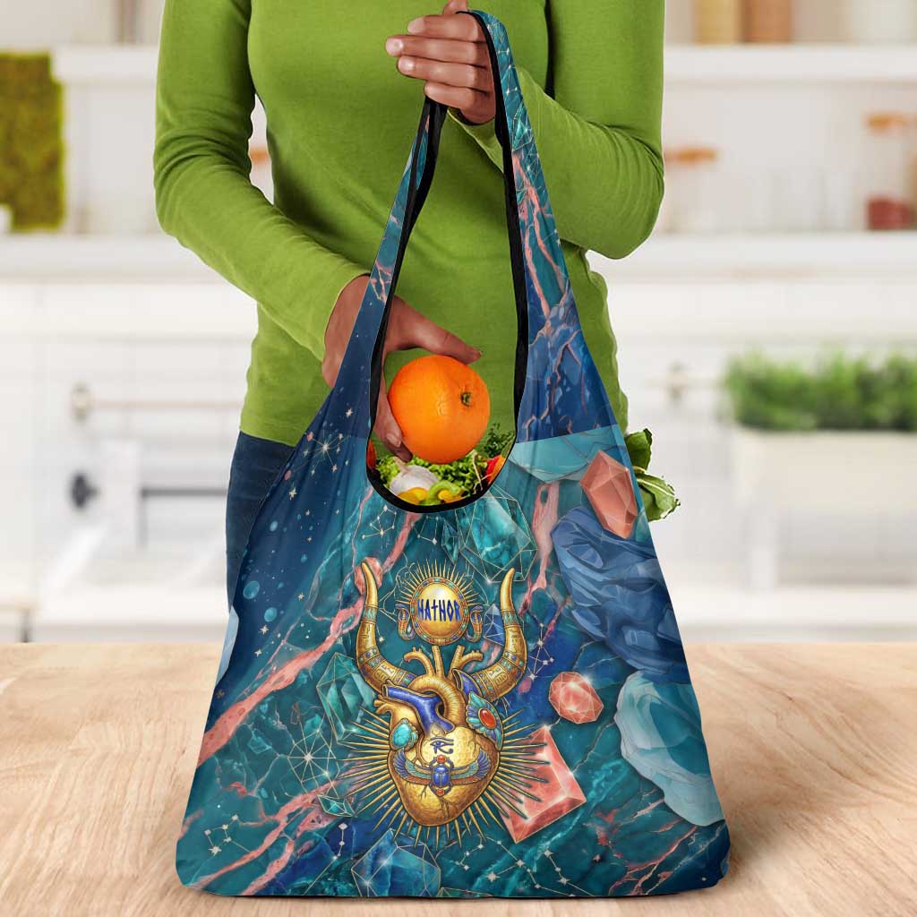 Hathor Golden Sacred Heart Egyptian Grocery Bag with Gemstone Pattern in Turquoise Theme