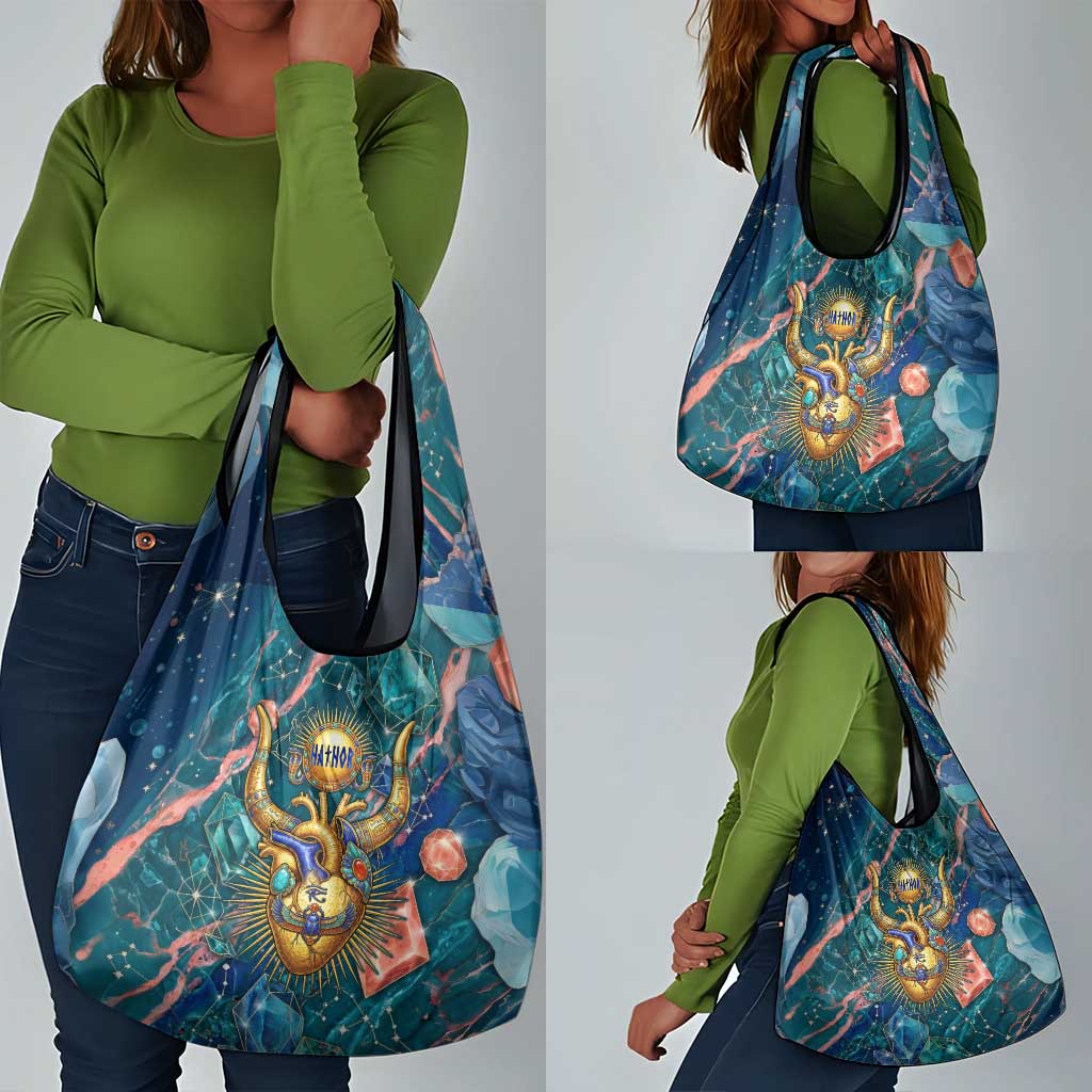 Hathor Golden Sacred Heart Egyptian Grocery Bag with Gemstone Pattern in Turquoise Theme