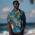 Hathor Golden Sacred Heart Egyptian Hawaiian Shirt with Gemstone Pattern in Turquoise Theme