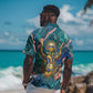Hathor Golden Sacred Heart Egyptian Hawaiian Shirt with Gemstone Pattern in Turquoise Theme