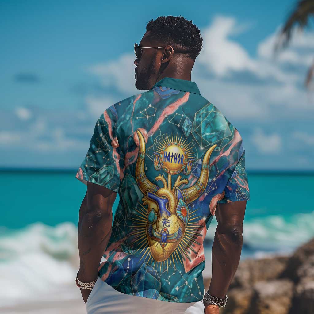 Hathor Golden Sacred Heart Egyptian Hawaiian Shirt with Gemstone Pattern in Turquoise Theme