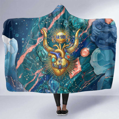 Hathor Golden Sacred Heart Egyptian Hooded Blanket with Gemstone Pattern in Turquoise Theme