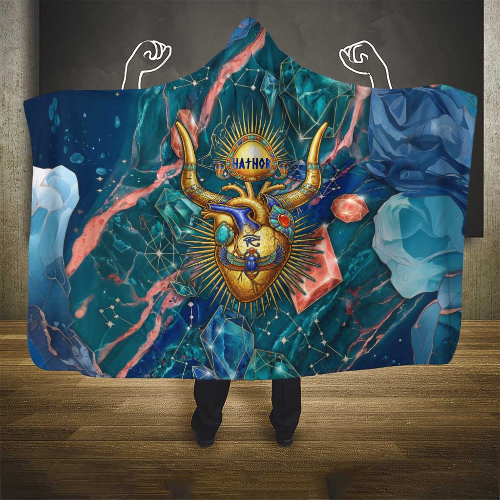 Hathor Golden Sacred Heart Egyptian Hooded Blanket with Gemstone Pattern in Turquoise Theme