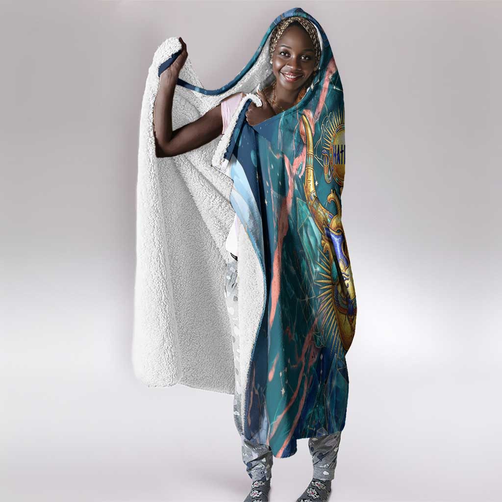 Hathor Golden Sacred Heart Egyptian Hooded Blanket with Gemstone Pattern in Turquoise Theme