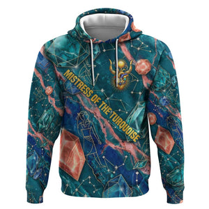 Hathor Golden Sacred Heart Egyptian Hoodie with Gemstone Pattern in Turquoise Theme