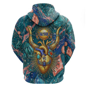 Hathor Golden Sacred Heart Egyptian Hoodie with Gemstone Pattern in Turquoise Theme