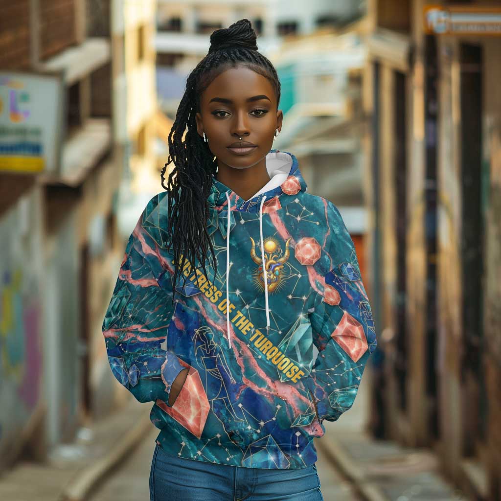 Hathor Golden Sacred Heart Egyptian Hoodie with Gemstone Pattern in Turquoise Theme