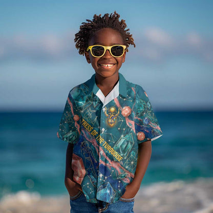 Hathor Golden Sacred Heart Egyptian Kid Hawaiian Shirt with Gemstone Pattern in Turquoise Theme