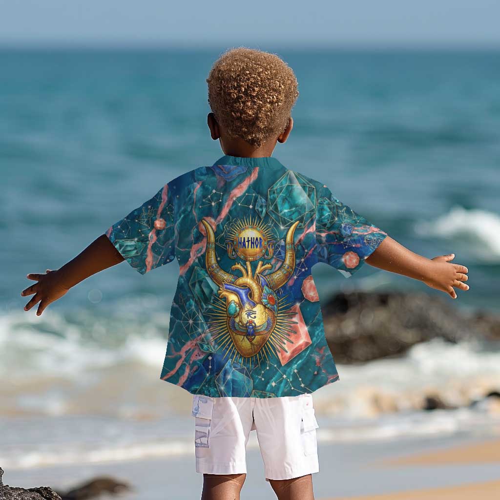 Hathor Golden Sacred Heart Egyptian Kid Hawaiian Shirt with Gemstone Pattern in Turquoise Theme