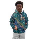 Hathor Golden Sacred Heart Egyptian Kid Hoodie with Gemstone Pattern in Turquoise Theme