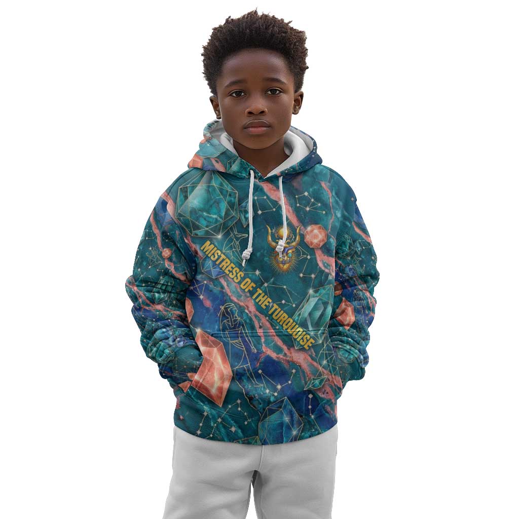Hathor Golden Sacred Heart Egyptian Kid Hoodie with Gemstone Pattern in Turquoise Theme