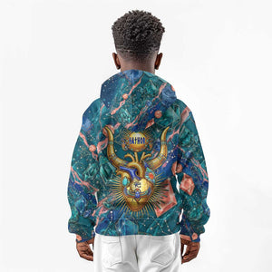Hathor Golden Sacred Heart Egyptian Kid Hoodie with Gemstone Pattern in Turquoise Theme