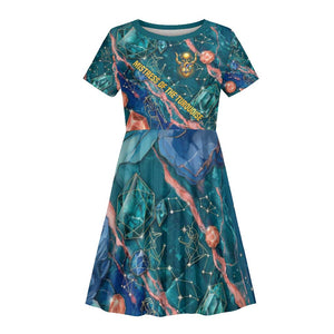 Hathor Golden Sacred Heart Egyptian Kid Short Sleeve Dress with Gemstone Pattern in Turquoise Theme