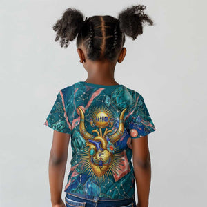Hathor Golden Sacred Heart Egyptian Kid T shirt with Gemstone Pattern in Turquoise Theme