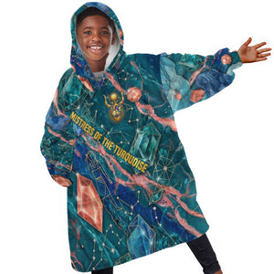 Hathor Golden Sacred Heart Egyptian Kid Wearable Blanket Hoodie with Gemstone Pattern in Turquoise Theme
