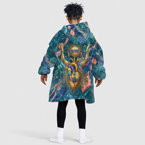 Hathor Golden Sacred Heart Egyptian Kid Wearable Blanket Hoodie with Gemstone Pattern in Turquoise Theme