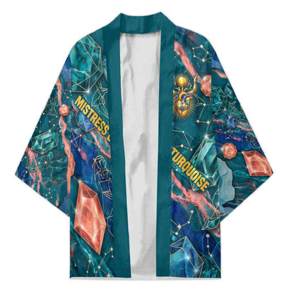 Hathor Golden Sacred Heart Egyptian Kimono with Gemstone Pattern in Turquoise Theme