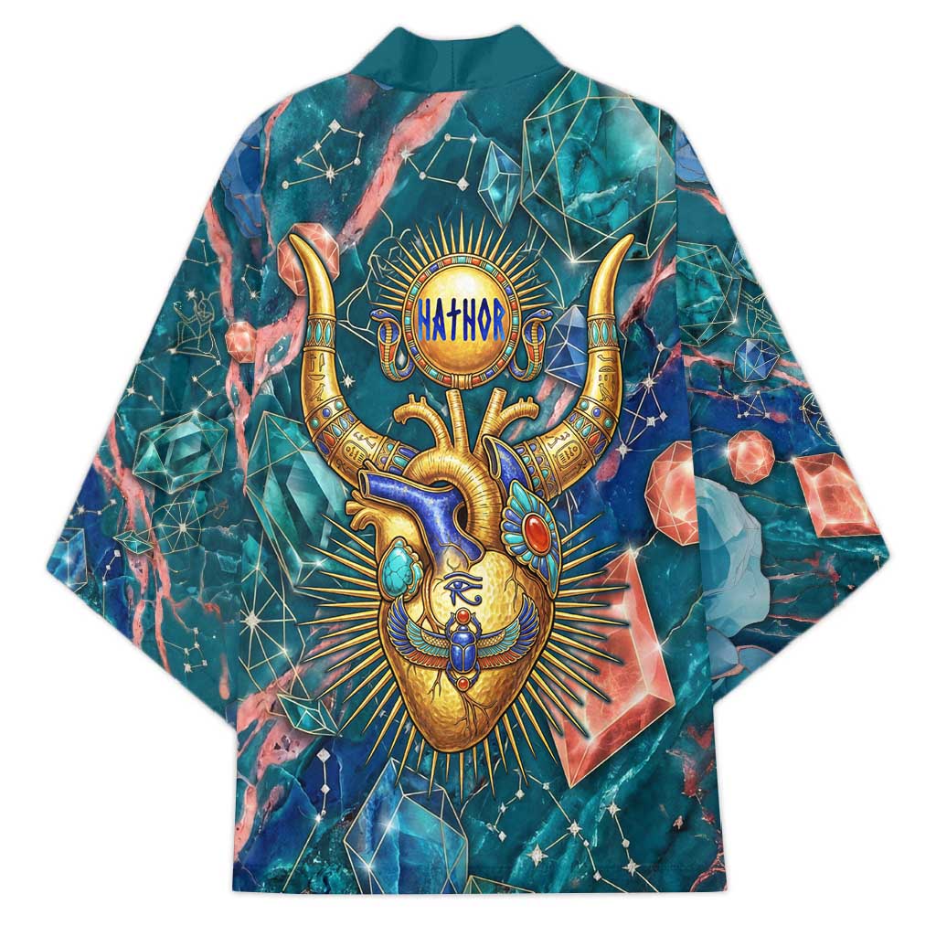 Hathor Golden Sacred Heart Egyptian Kimono with Gemstone Pattern in Turquoise Theme