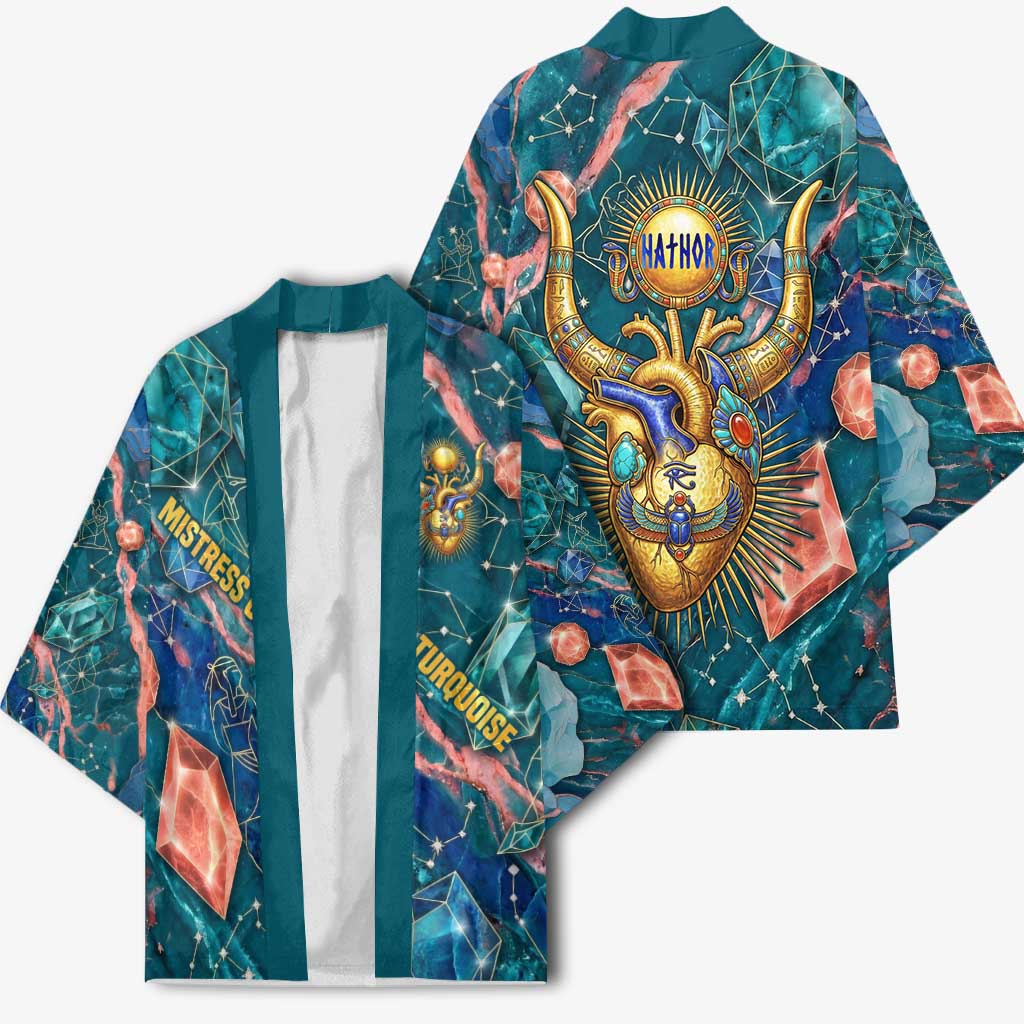 Hathor Golden Sacred Heart Egyptian Kimono with Gemstone Pattern in Turquoise Theme