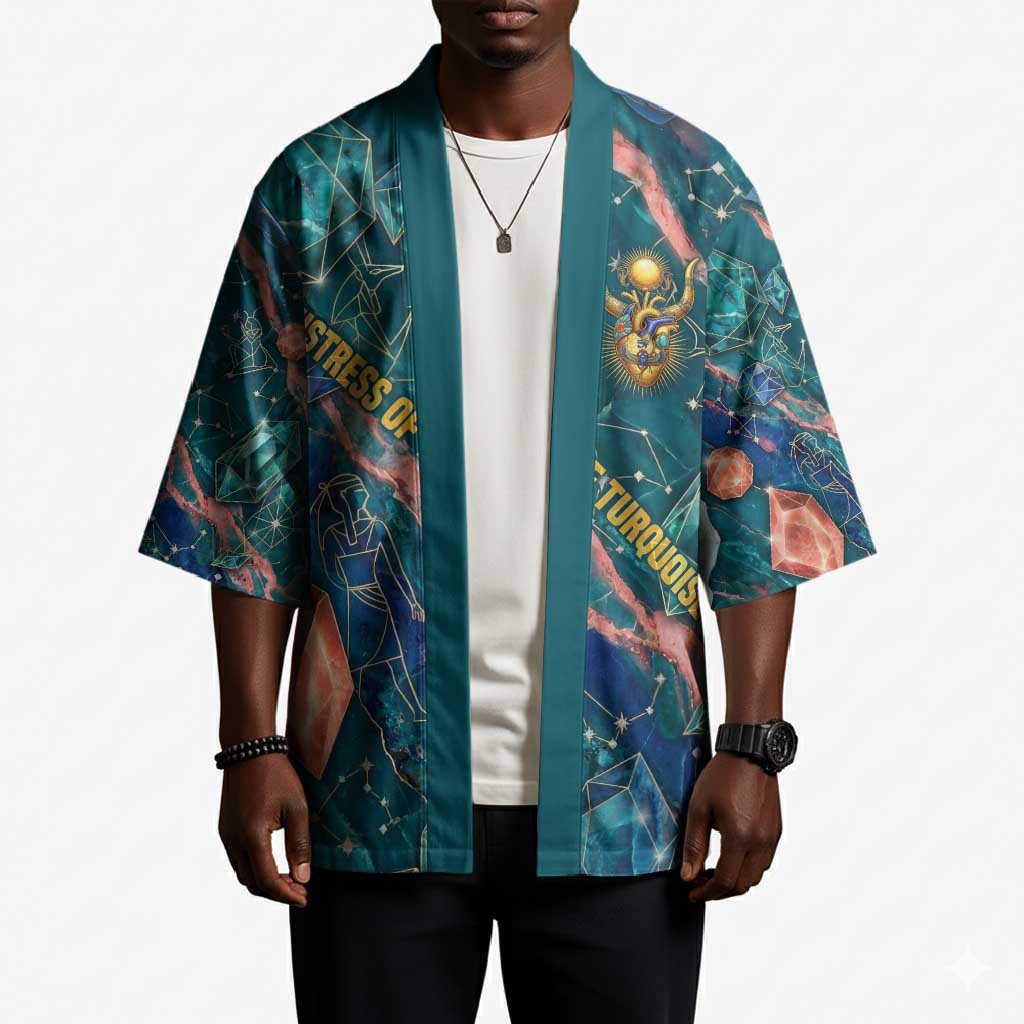 Hathor Golden Sacred Heart Egyptian Kimono with Gemstone Pattern in Turquoise Theme