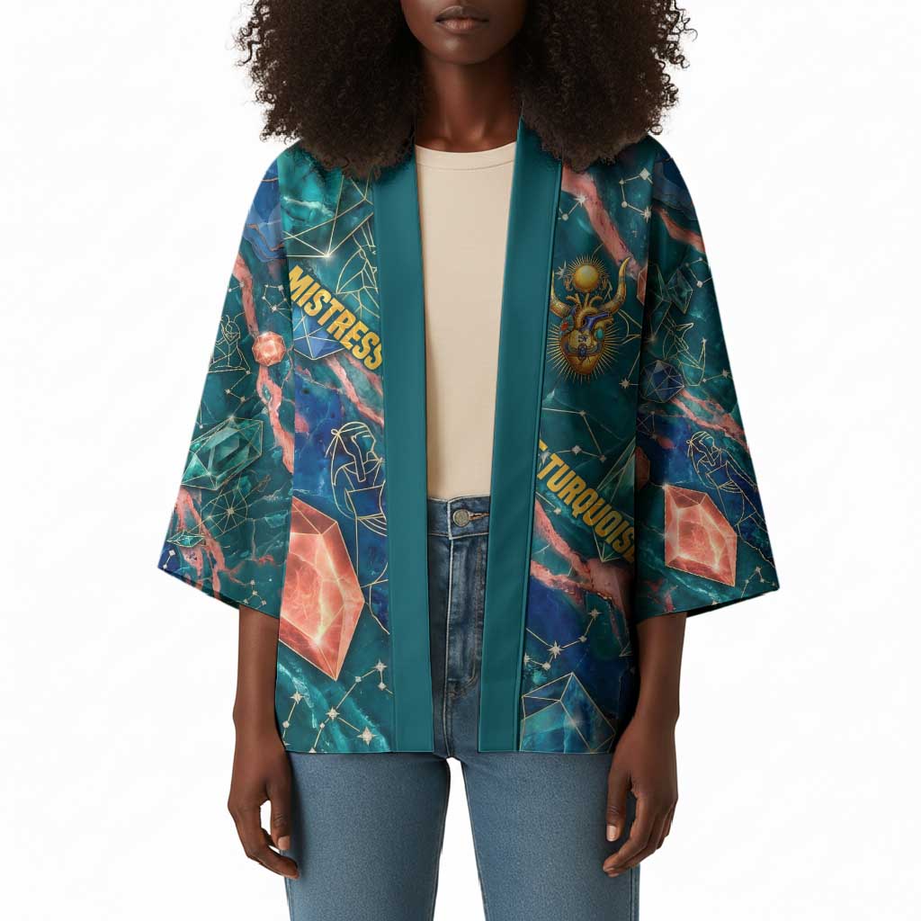 Hathor Golden Sacred Heart Egyptian Kimono with Gemstone Pattern in Turquoise Theme