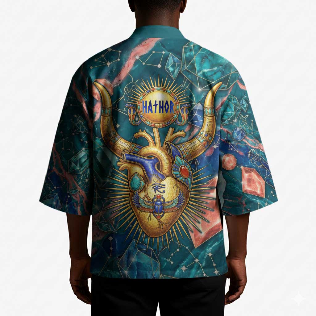 Hathor Golden Sacred Heart Egyptian Kimono with Gemstone Pattern in Turquoise Theme