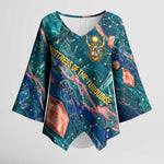 Hathor Golden Sacred Heart Egyptian Kimono Sleeve Blouse with Gemstone Pattern in Turquoise Theme