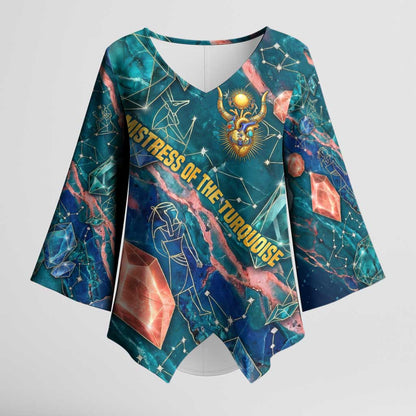 Hathor Golden Sacred Heart Egyptian Kimono Sleeve Blouse with Gemstone Pattern in Turquoise Theme