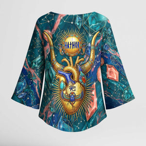 Hathor Golden Sacred Heart Egyptian Kimono Sleeve Blouse with Gemstone Pattern in Turquoise Theme