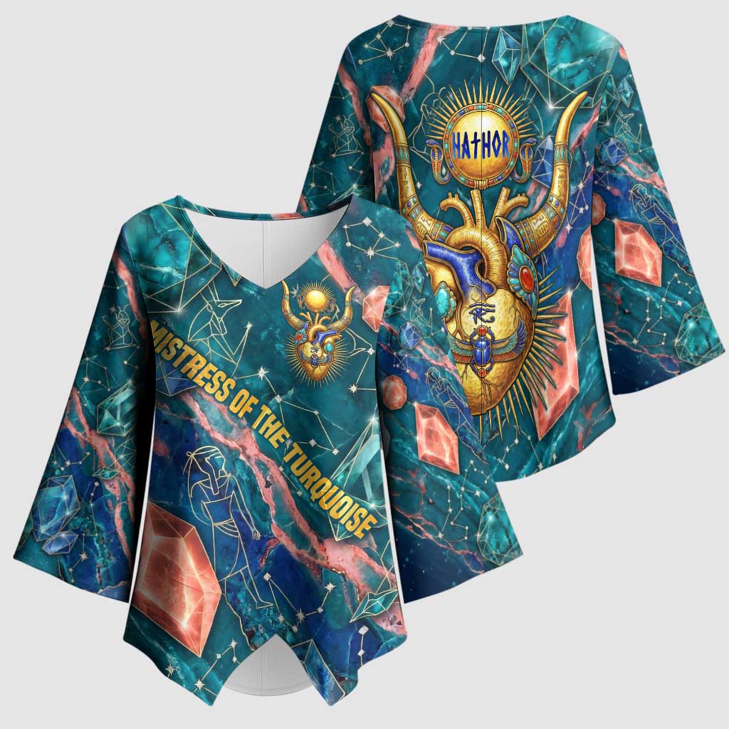 Hathor Golden Sacred Heart Egyptian Kimono Sleeve Blouse with Gemstone Pattern in Turquoise Theme