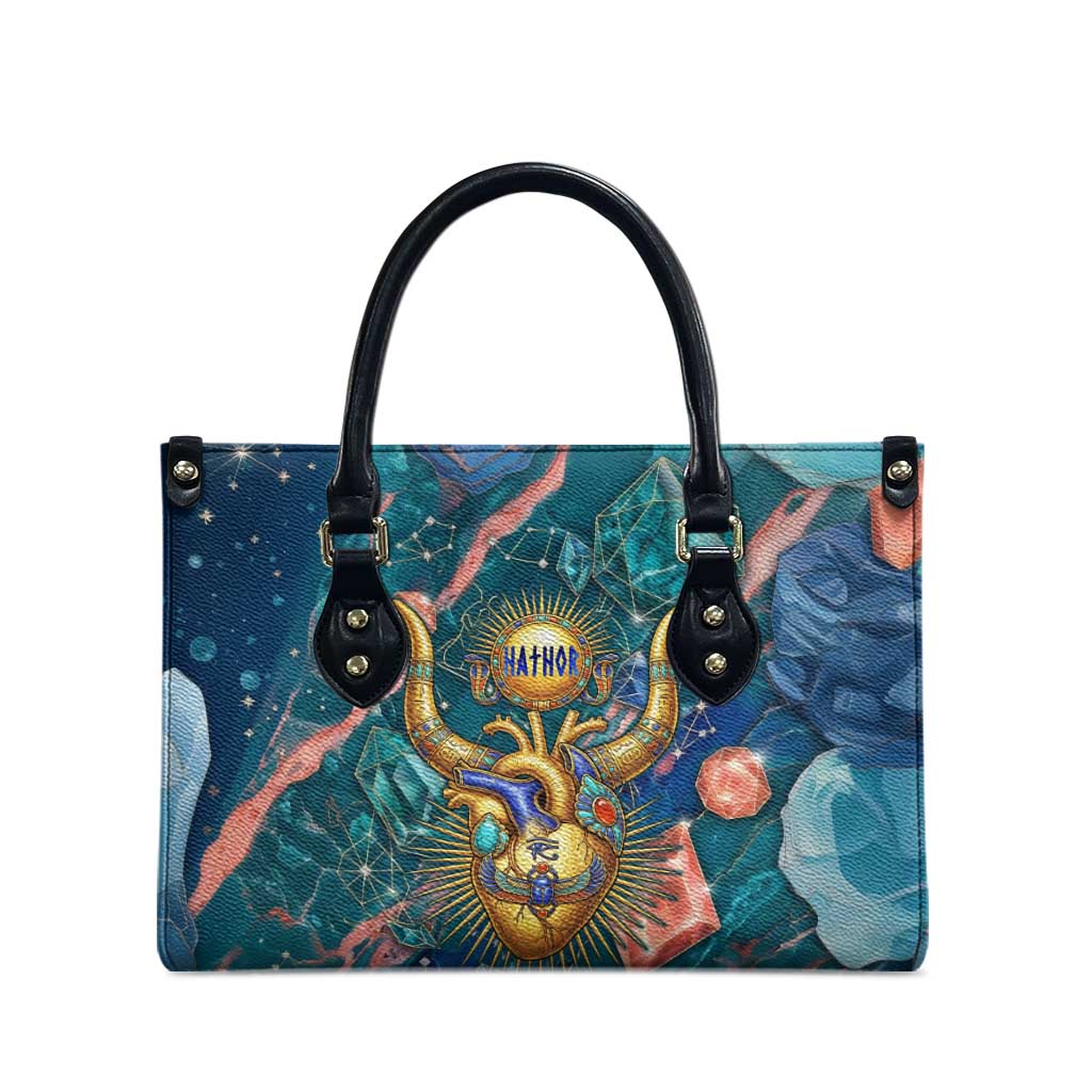 Hathor Golden Sacred Heart Egyptian Leather Bag with Gemstone Pattern in Turquoise Theme