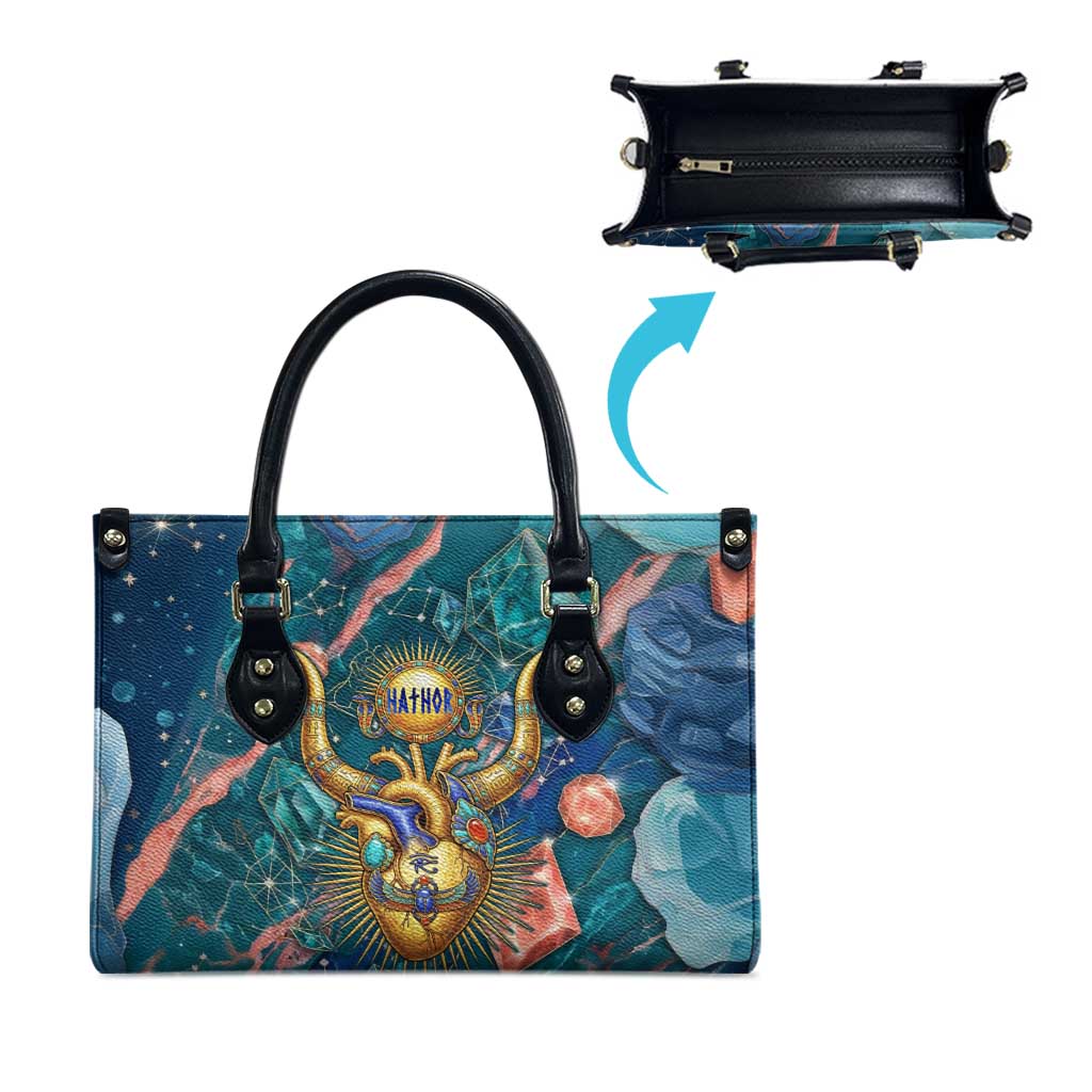 Hathor Golden Sacred Heart Egyptian Leather Bag with Gemstone Pattern in Turquoise Theme