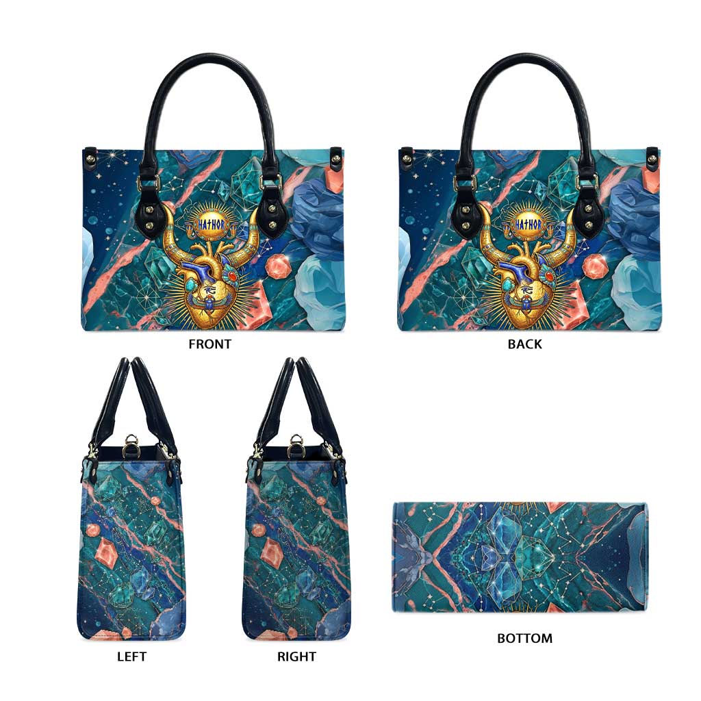 Hathor Golden Sacred Heart Egyptian Leather Bag with Gemstone Pattern in Turquoise Theme